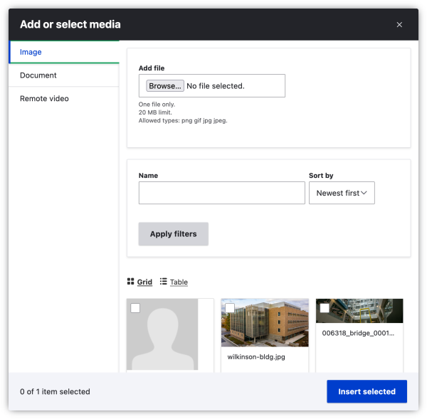 Add or Select media - WYSIWYG